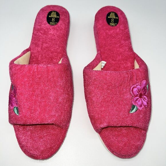 VTG Pairs of 1980s Hot PInk Terry Cloth Slippers w/Floral Applique NOS-Sz 8 - Picture 1 of 6